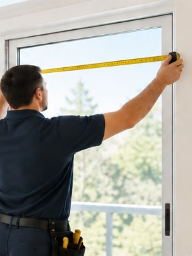 One of our experts measuring a window
