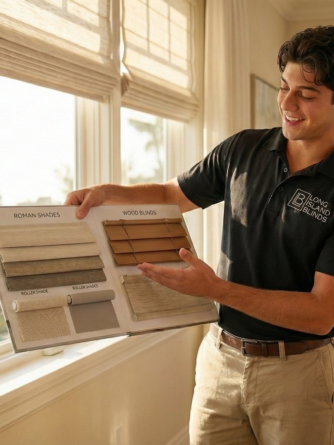 Cellular shades fitted across a living room window
