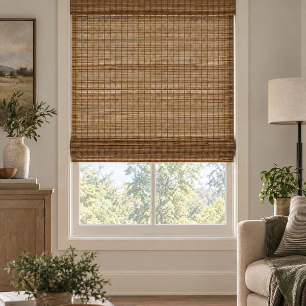 Natural woven wood shade in a living room