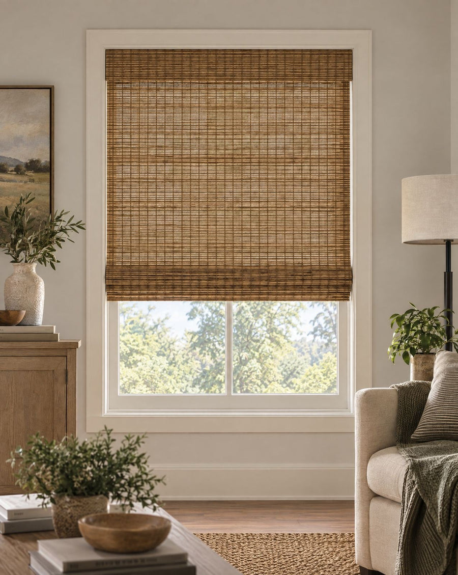 Natural woven wood shade in a living room