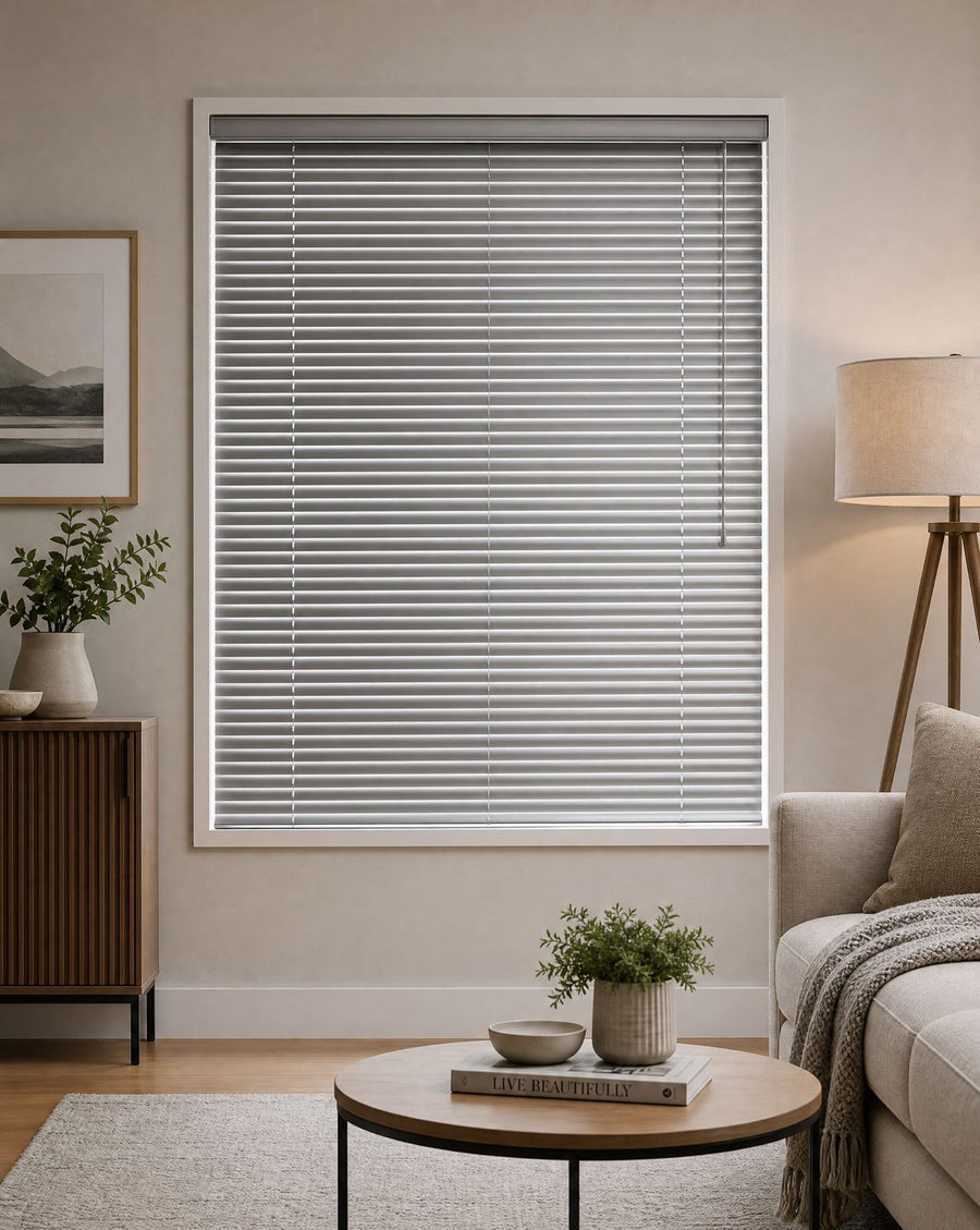 Metal blinds in a living room