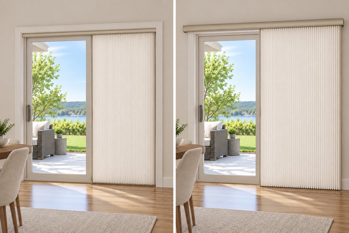Cellular vertical mounting options side by side. Inside mount sits inside the door opening; outside mount covers the trim for better coverage.