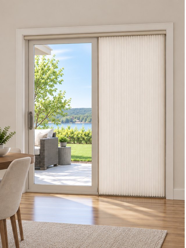 Cellular vertical shade fitted inside the patio door opening