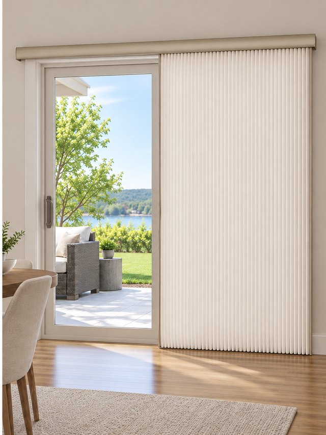 Cellular vertical shade mounted on the wall above the patio door