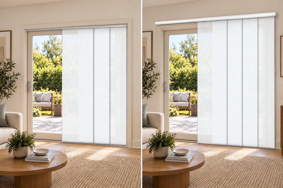 Gliding panel mounting options side by side. Inside mount sits inside the door opening; outside mount covers the trim for better coverage.