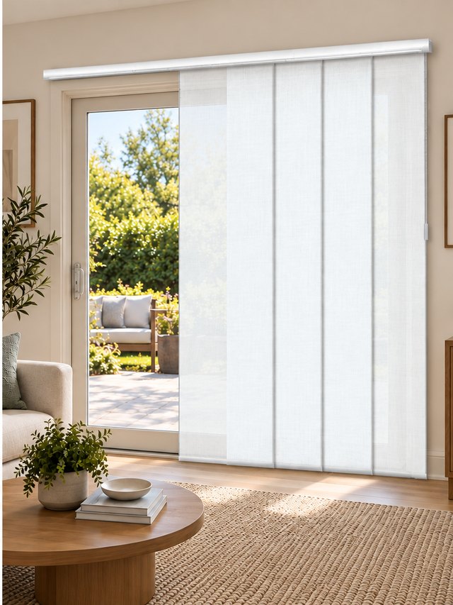 Gliding panels mounted on the wall above the patio door