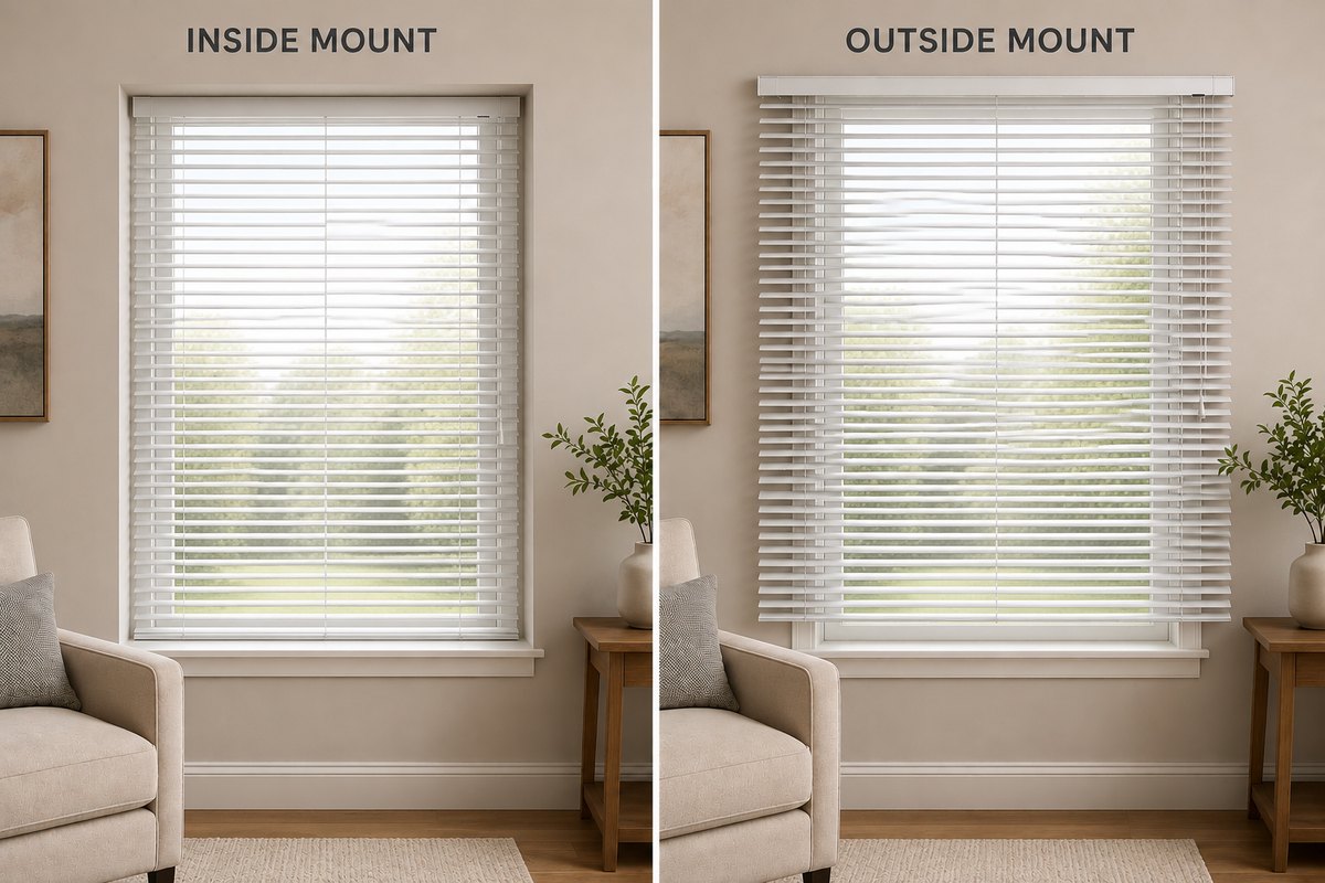 Aluminum blind mounting options: inside mount fits inside the window frame; outside mount mounts on the wall or trim.
