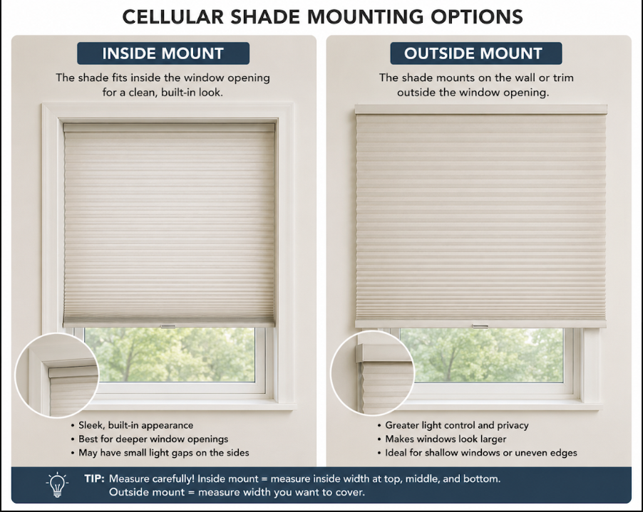 Cellular shade mounting options. Inside mount fits inside the window opening for a clean built-in look. Outside mount mounts on the wall or trim outside the window opening.
