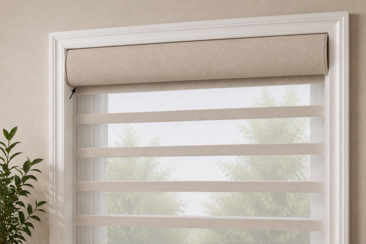 Fabric covered headrail on a horizontal sheer shade