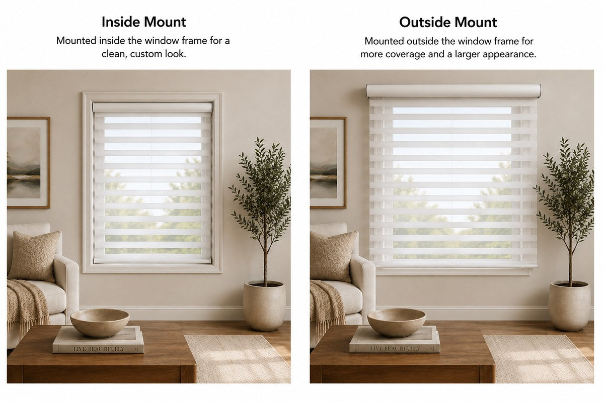 Roller shade mounting options. Inside mount fits inside the window frame for a clean tailored look. Outside mount mounts on the wall or above the window for better coverage.