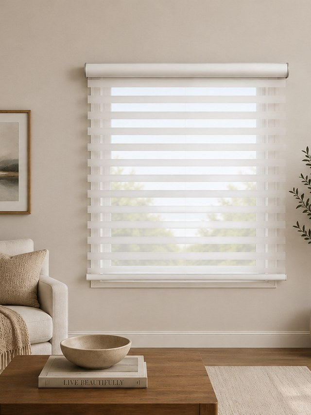 Outside mount horizontal sheer shade mounted over the window trim