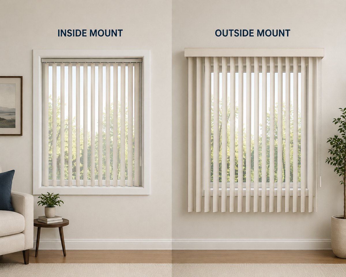 Vertical blind mounting options. Inside mount fits inside the window frame; outside mount mounts on the wall or above the window for better coverage.