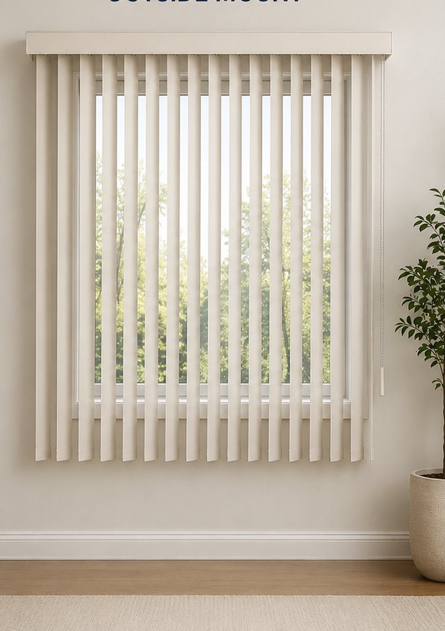 Outside mount vertical blind mounted over the window trim