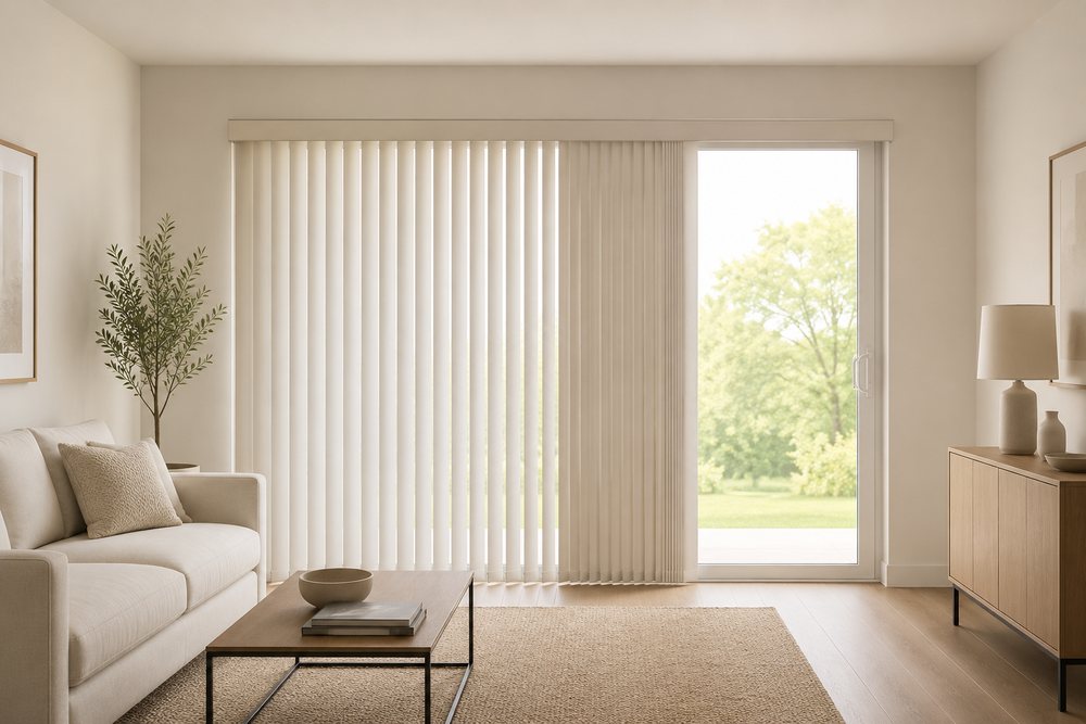 Left stack vertical blind — vanes draw and stack to the left