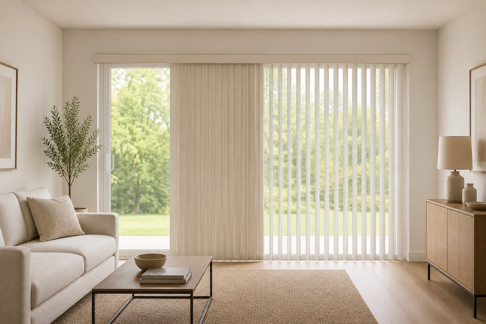 Right stack vertical blind — vanes draw and stack to the right