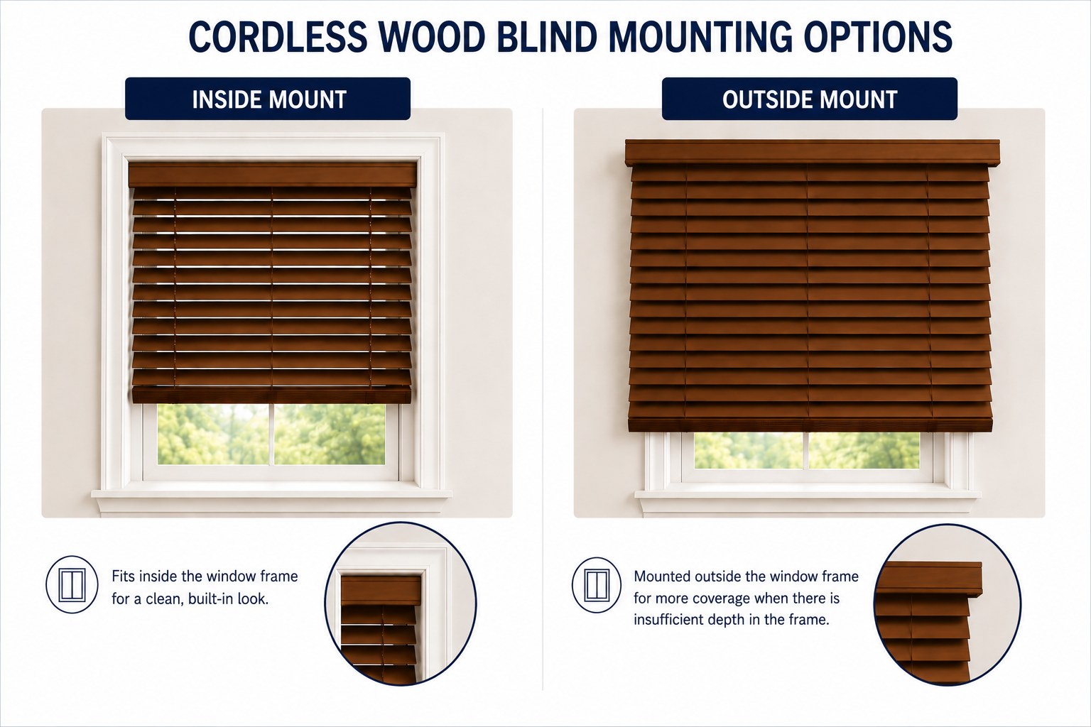 Cordless wood blind mounting options. Inside mount fits inside the window frame for a clean built-in look. Outside mount mounts outside the frame for more coverage when there is insufficient depth.
