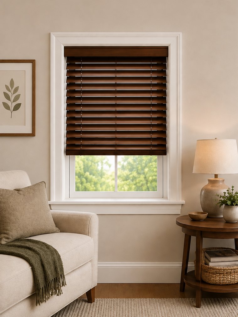 Inside mount wood blind fitted inside the window frame