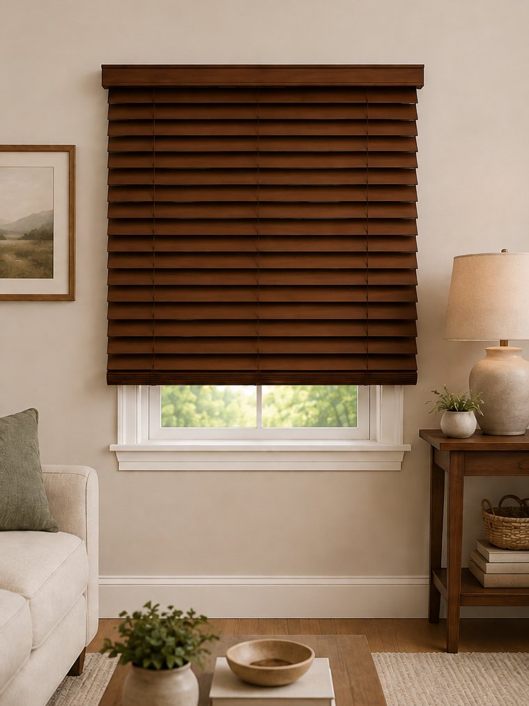 Outside mount wood blind mounted over the window trim