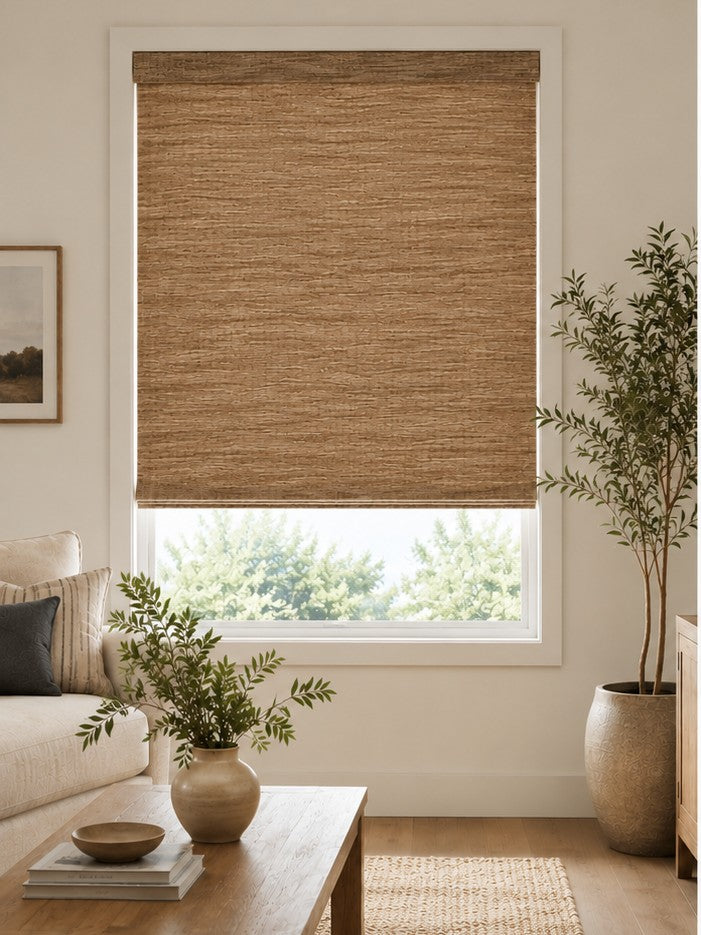 Inside mount woven wood shade fitted inside the window frame