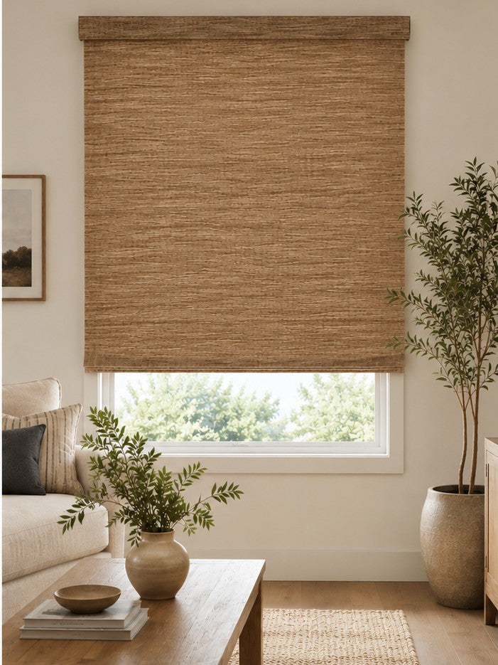 Outside mount woven wood shade mounted over the window trim